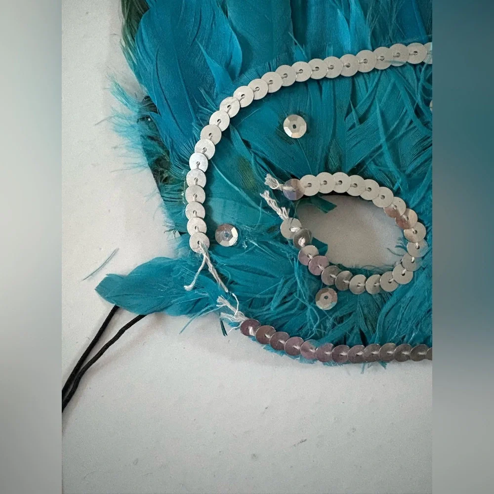 Elegant Vintage Blue and Teal Feather Mask With Sequins